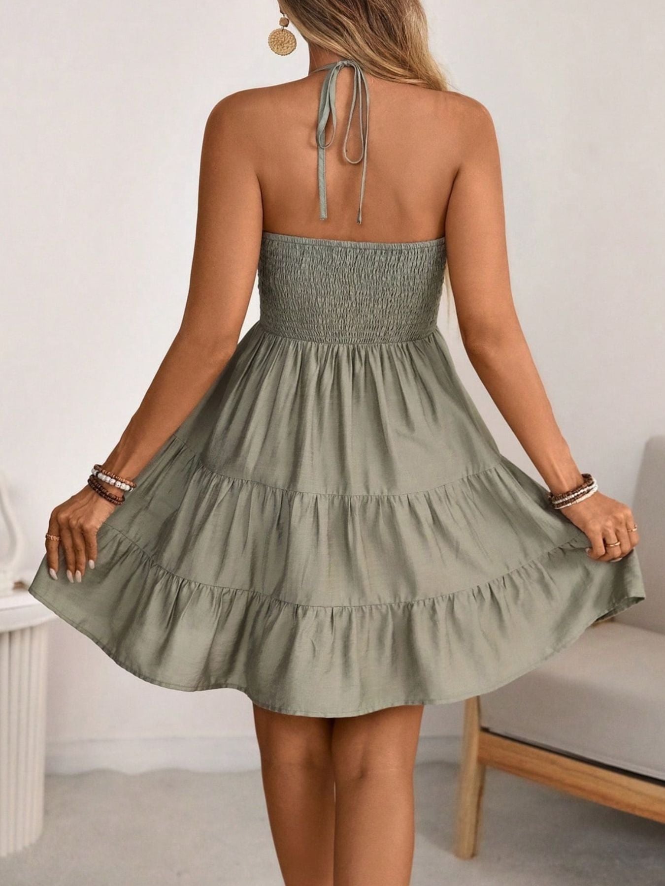 Smocked Halter Neck Tiered Dress by Trendsi