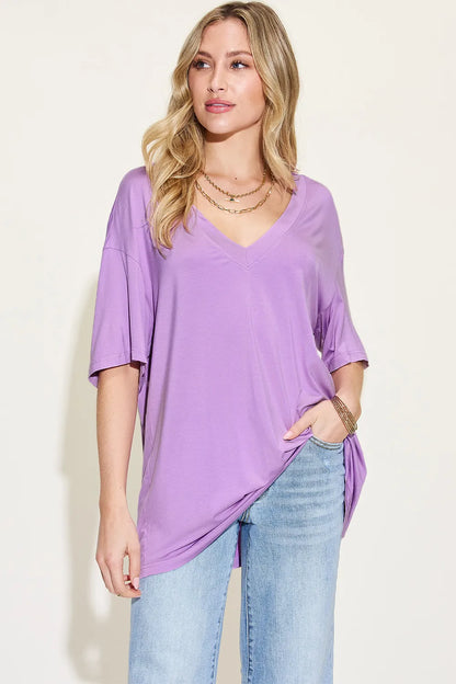 Basic Bae Full Size Bamboo V-Neck Drop Shoulder T-Shirt – Uneeque Designzz