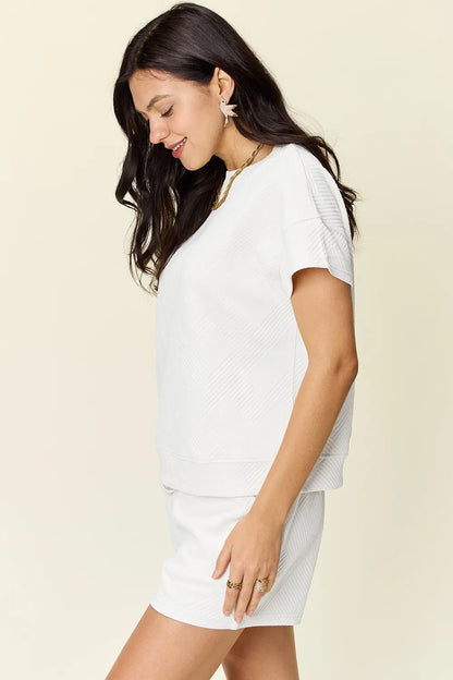 Double Take Full Size Texture Short Sleeve T-Shirt and Drawstring Shorts Set – Uneeque Designzz