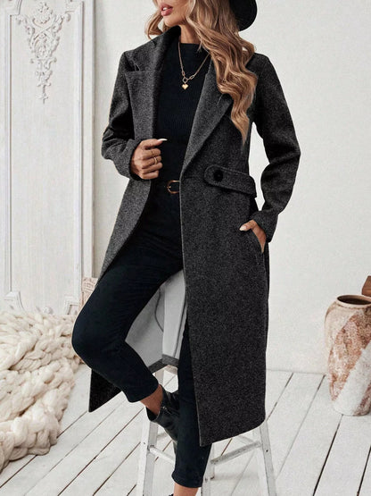 One Button Polyester Lapel Collar Belted Overcoat with Pockets – Uneeque Designzz