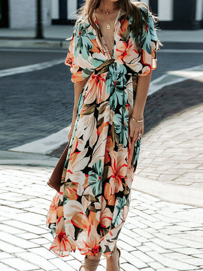 Floral Plunge Half Sleeve Dress – Uneeque Designzz