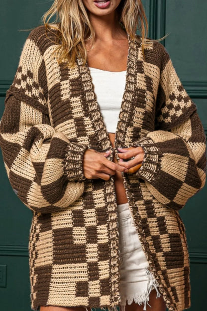 Checkered Open-Front Long Sleeve Stretch Cardigan – Uneeque Designzz