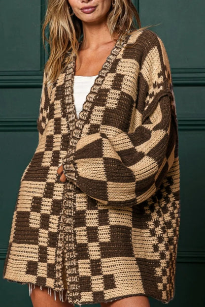 Checkered Open-Front Long Sleeve Stretch Cardigan – Uneeque Designzz