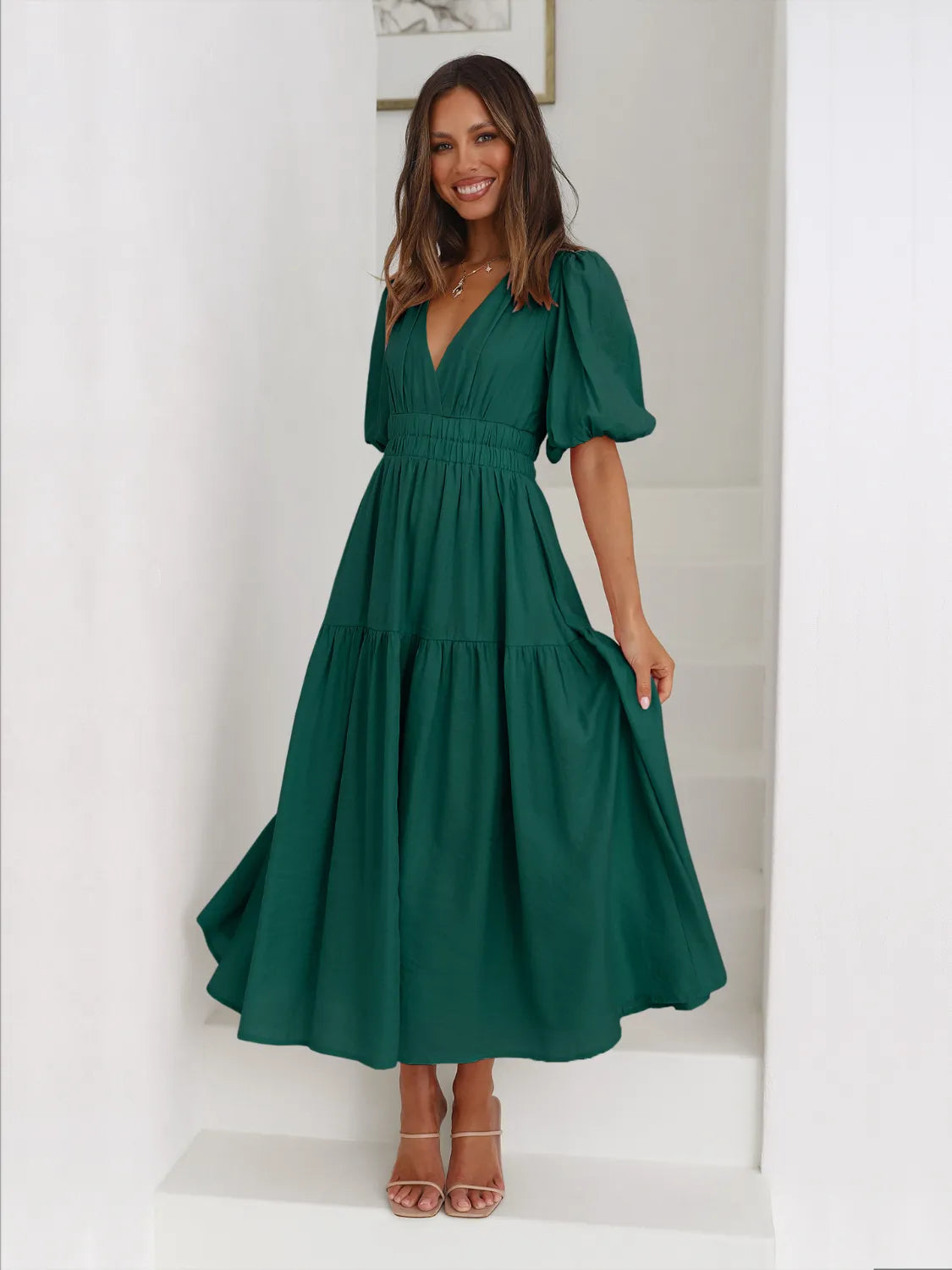 Tiered Surplice Half Sleeve Midi Dress by Trendsi