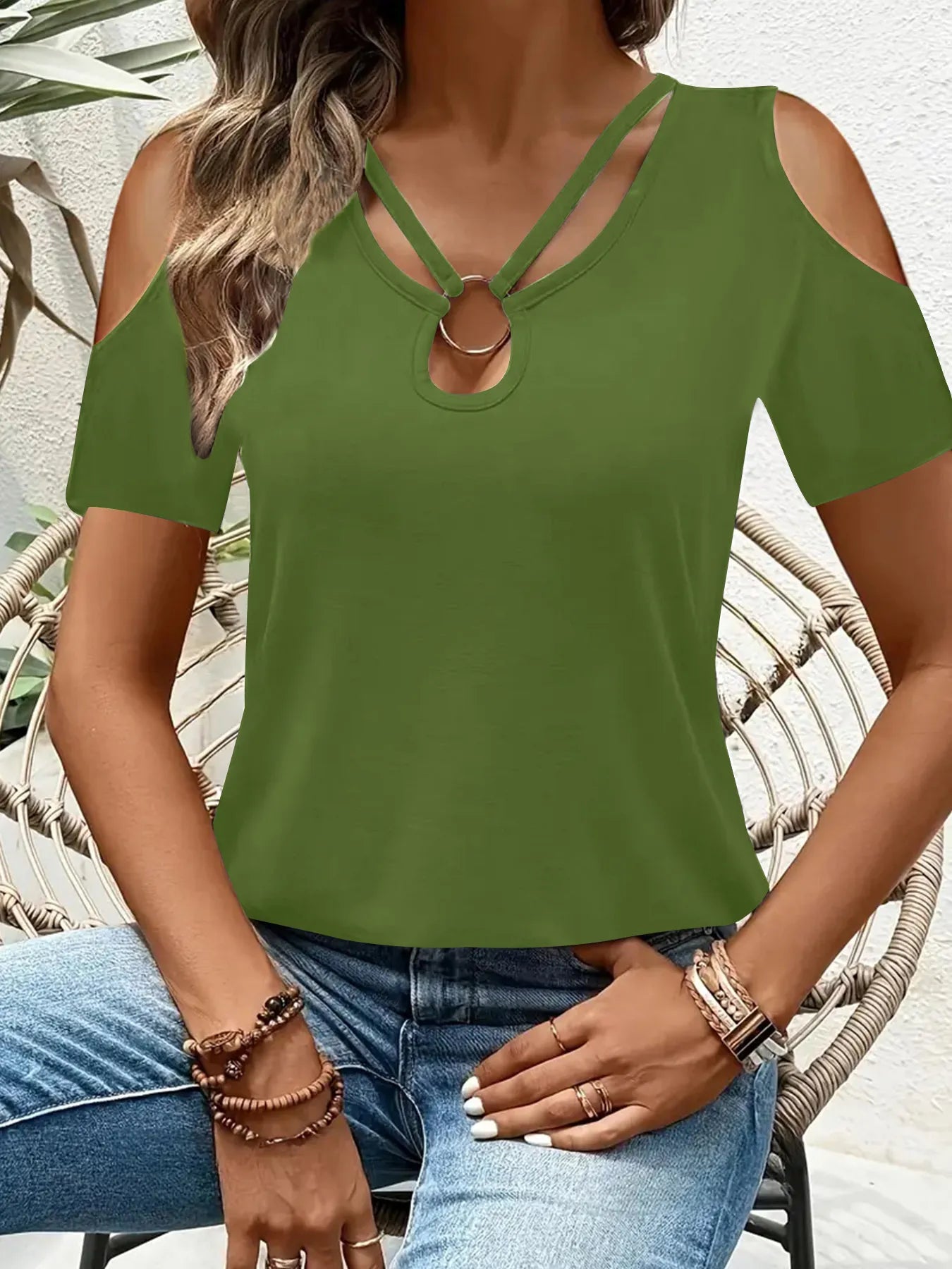 Cold Shoulder T-Shirt with Metal Ring Detail by Trendsi