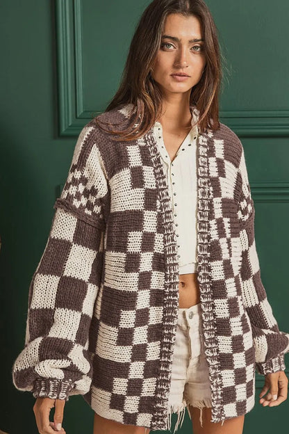 Checkered Open-Front Long Sleeve Stretch Cardigan – Uneeque Designzz