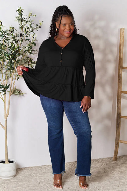 Double Take Half Button Long Sleeve Ruffle Hem Blouse – Uneeque Designzz