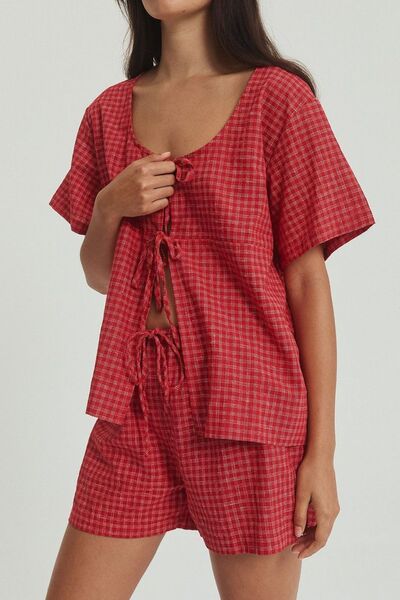 Plaid Tied Scoop Neck Short Sleeve Top and Drawstring Shorts Set – Uneeque Designzz