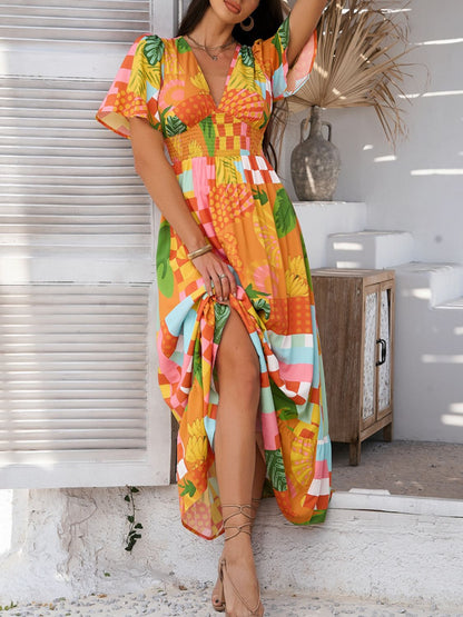 Devine Smocked Printed V-Neck Short Sleeve Maxi Dress – Uneeque Designzz