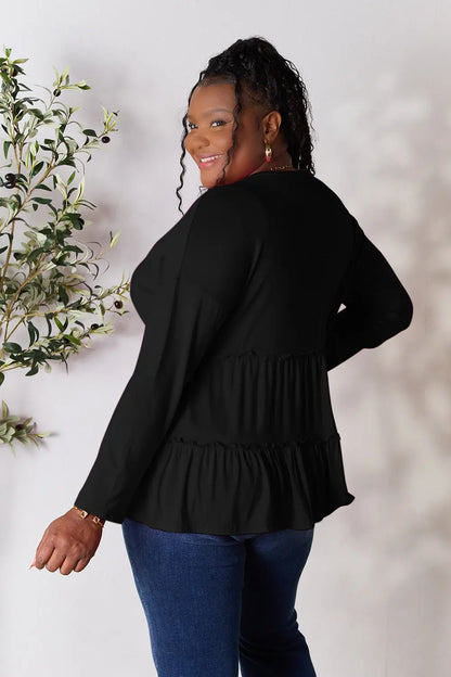Double Take Half Button Long Sleeve Ruffle Hem Blouse – Uneeque Designzz