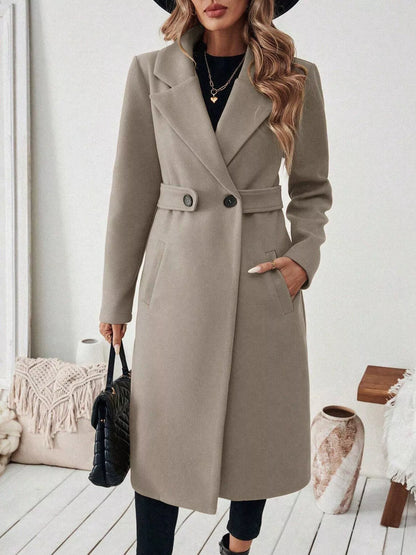 One Button Polyester Lapel Collar Belted Overcoat with Pockets – Uneeque Designzz