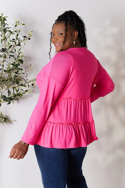 Double Take Half Button Long Sleeve Ruffle Hem Blouse – Uneeque Designzz