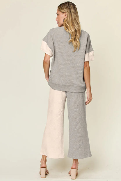 Double Take Full Size Texture Contrast T-Shirt and Wide Leg Pants Set – Uneeque Designzz