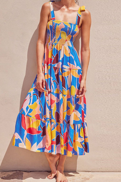 Floral Tie Shoulder Smocked Tiered Dress – Uneeque Designzz