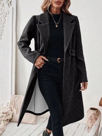One Button Polyester Lapel Collar Belted Overcoat with Pockets – Uneeque Designzz