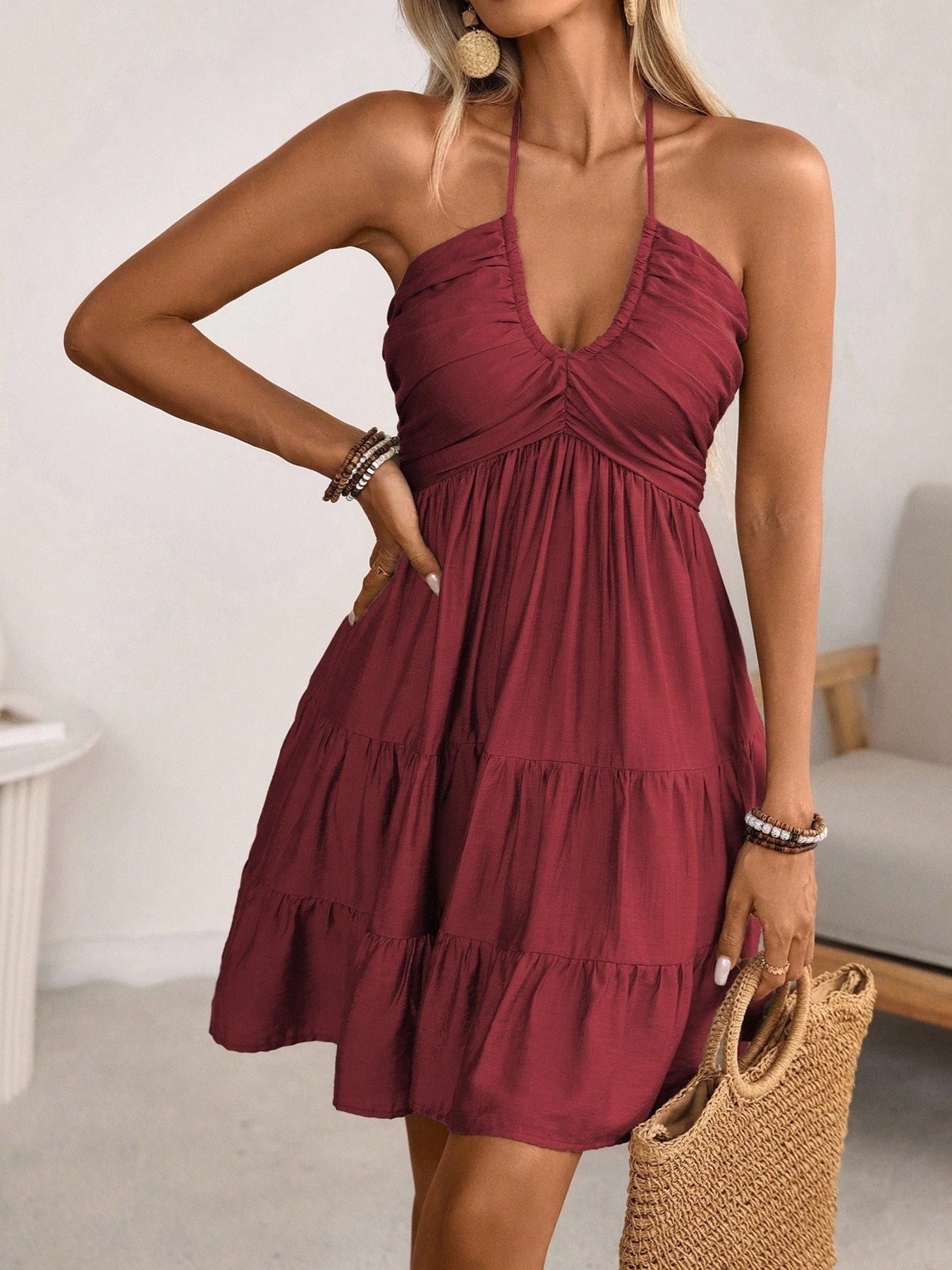 Smocked Halter Neck Tiered Dress by Trendsi