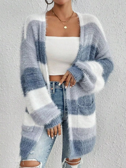 Striped Fuzzy Knit Pocketed Open-Front Casual Soft Cardigan – Uneeque Designzz