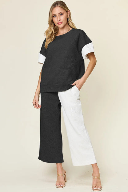 Double Take Full Size Texture Contrast T-Shirt and Wide Leg Pants Set – Uneeque Designzz