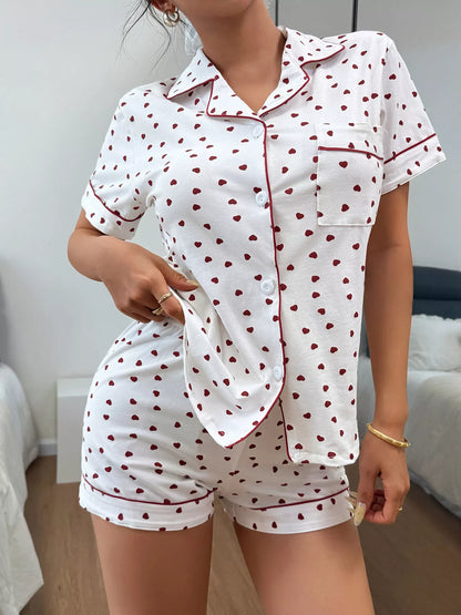 Heart Print Button-Down Short Sleeve Top and Shorts Lounge Set by Trendsi