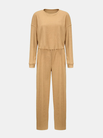 Waffle-Knit Round Neck Top and Pants Set – Uneeque Designzz