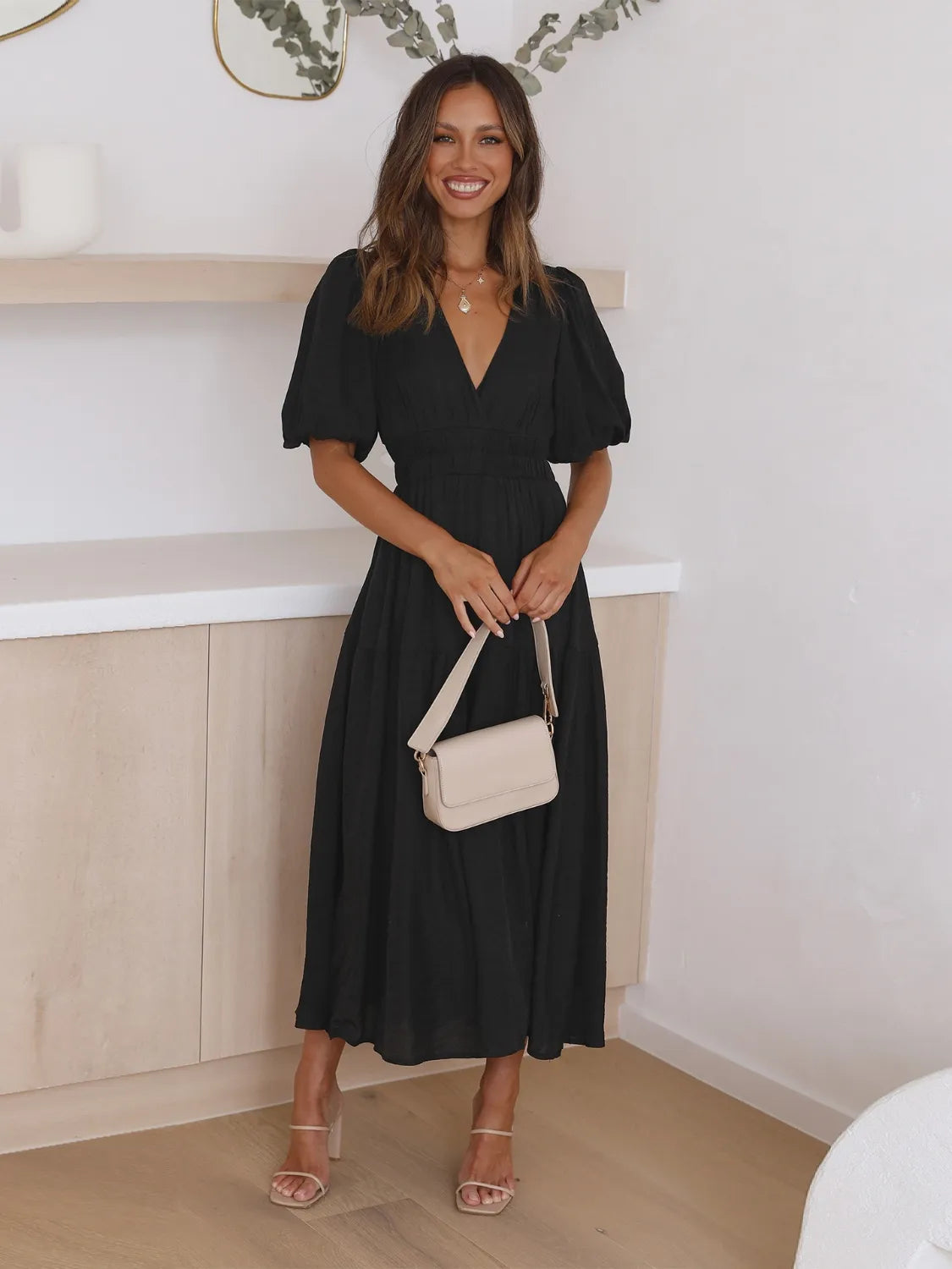 Tiered Surplice Half Sleeve Midi Dress by Trendsi