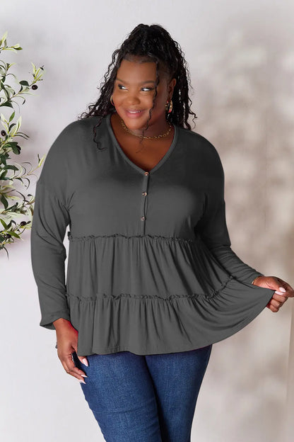 Double Take Half Button Long Sleeve Ruffle Hem Blouse – Uneeque Designzz