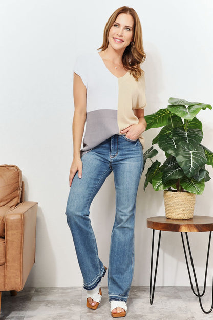 Color Block V-Neck Knit Top – Uneeque Designzz