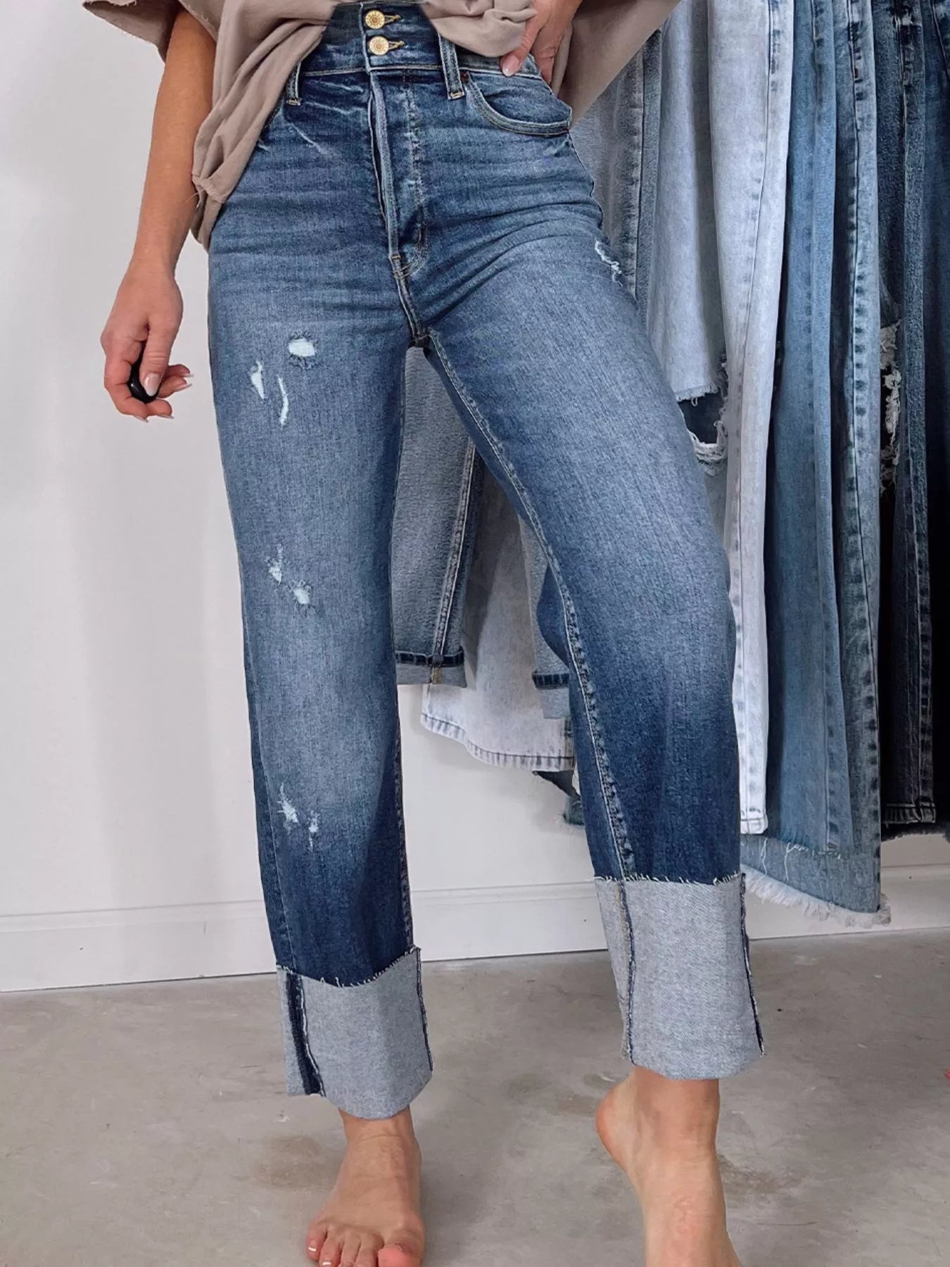 High Waist Distressed Straight Leg Jeans by Trendsi