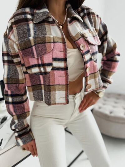 Pocketed Collared Neck Long Sleeve Plaid Jacket – Uneeque Designzz