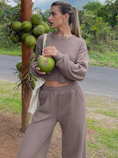 Waffle-Knit Round Neck Top and Pants Set – Uneeque Designzz