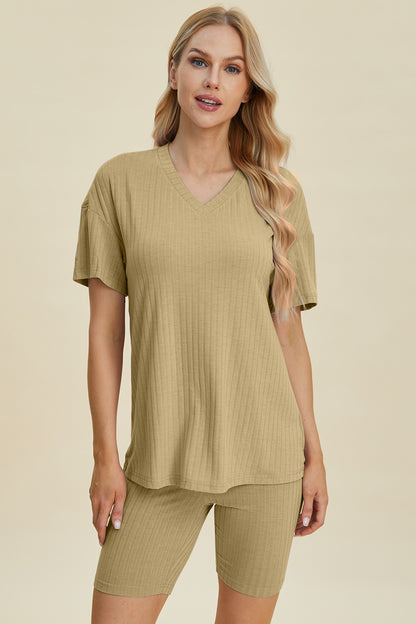 Basic Bae Full Size Ribbed V-Neck Short Sleeve Top and Shorts Set – Uneeque Designzz