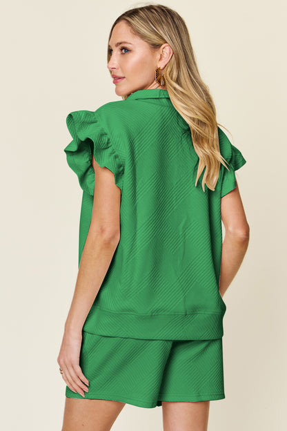 Double Take Full Size Texture Flounce Sleeve Top and Drawstring Shorts Set – Uneeque Designzz