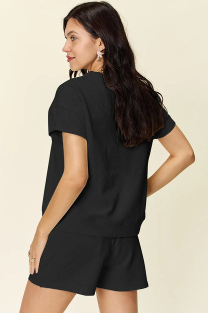 Double Take Full Size Texture Short Sleeve T-Shirt and Drawstring Shorts Set – Uneeque Designzz