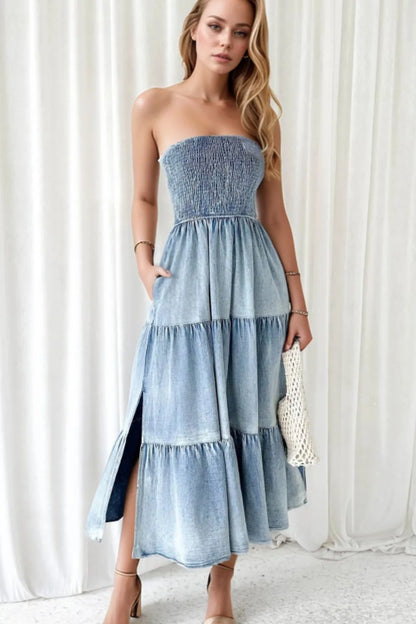 Smocked Tube Slit Tiered Denim Dress – Uneeque Designzz