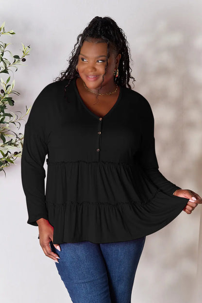 Double Take Half Button Long Sleeve Ruffle Hem Blouse – Uneeque Designzz