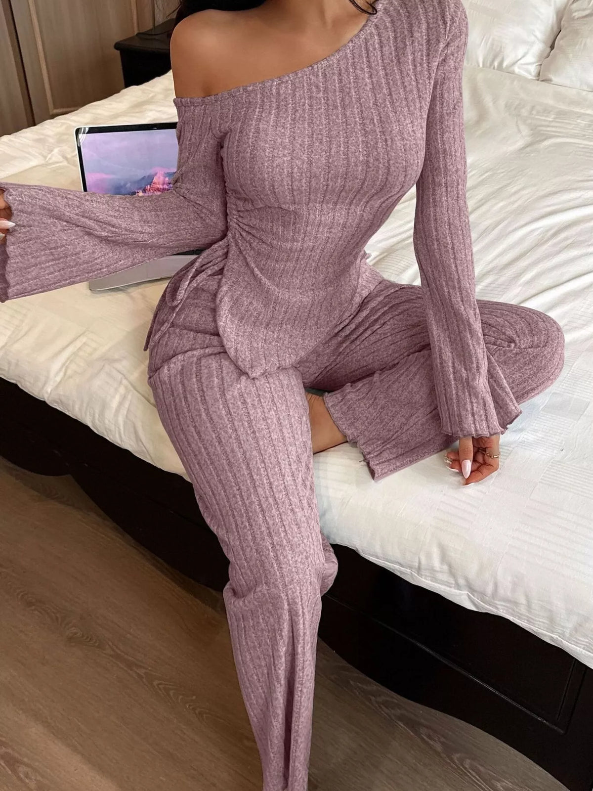 One-Shoulder Ribbed Knit Top and Pants Set by Trendsi