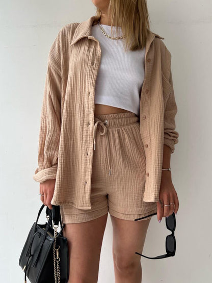 Texture Button-Up Shirt and Drawstring Shorts Set – Uneeque Designzz