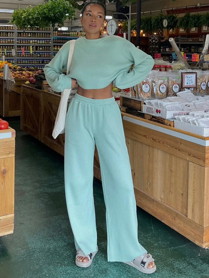Waffle-Knit Round Neck Top and Pants Set – Uneeque Designzz