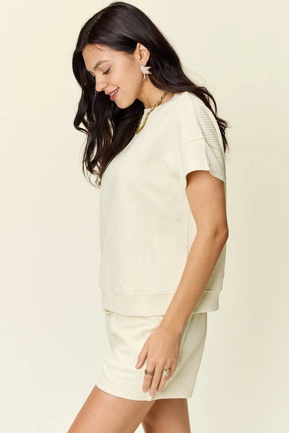 Double Take Full Size Texture Short Sleeve T-Shirt and Drawstring Shorts Set – Uneeque Designzz