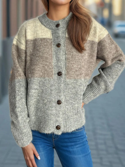 Women's Color Block Button-Up Round Neck Knit Cardigan – Uneeque Designzz