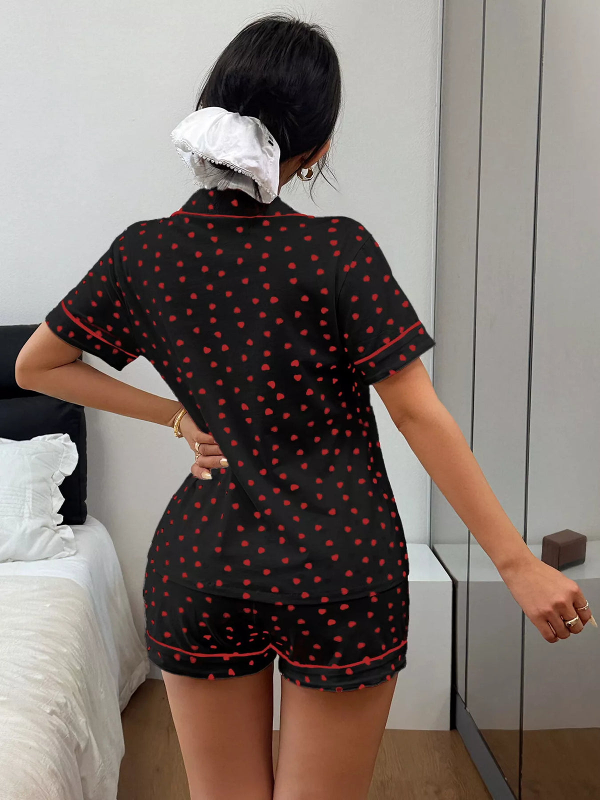 Heart Print Button-Down Short Sleeve Top and Shorts Lounge Set by Trendsi