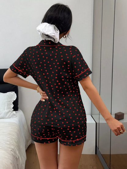 Heart Print Button-Down Short Sleeve Top and Shorts Lounge Set by Trendsi