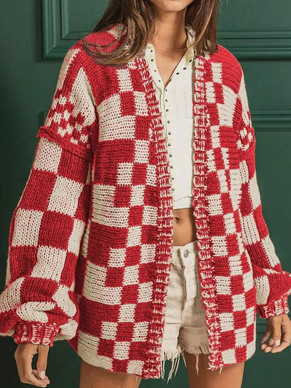 Checkered Open-Front Long Sleeve Stretch Cardigan – Uneeque Designzz