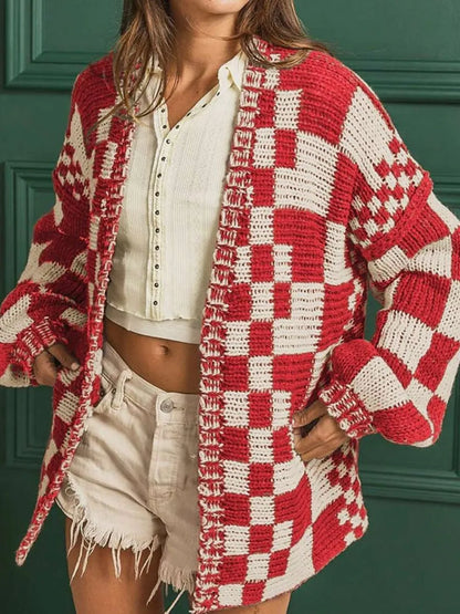 Checkered Open-Front Long Sleeve Stretch Cardigan – Uneeque Designzz