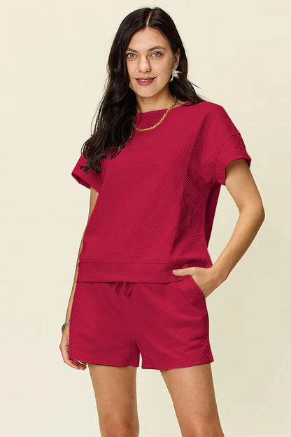 Double Take Full Size Texture Short Sleeve T-Shirt and Drawstring Shorts Set – Uneeque Designzz