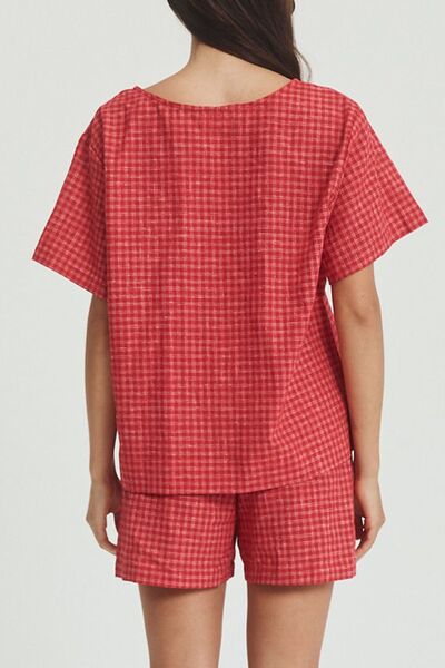 Plaid Tied Scoop Neck Short Sleeve Top and Drawstring Shorts Set – Uneeque Designzz
