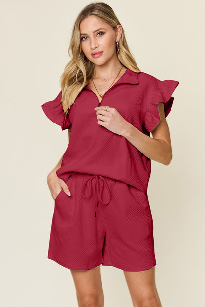 Double Take Full Size Texture Flounce Sleeve Top and Drawstring Shorts Set – Uneeque Designzz