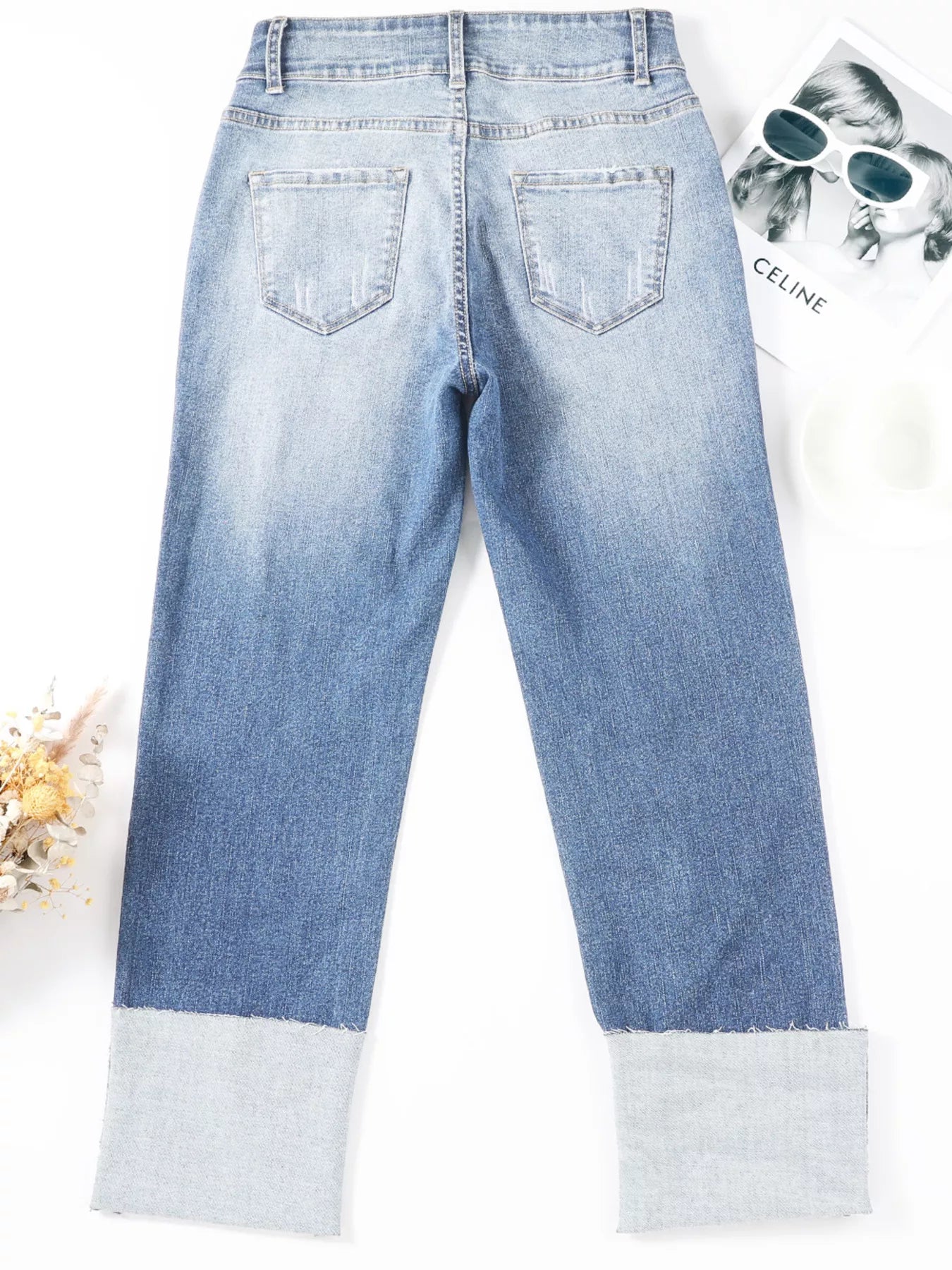 High Waist Distressed Straight Leg Jeans by Trendsi