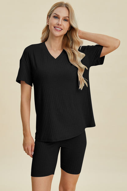 Basic Bae Full Size Ribbed V-Neck Short Sleeve Top and Shorts Set – Uneeque Designzz