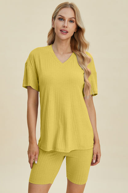 Basic Bae Full Size Ribbed V-Neck Short Sleeve Top and Shorts Set – Uneeque Designzz